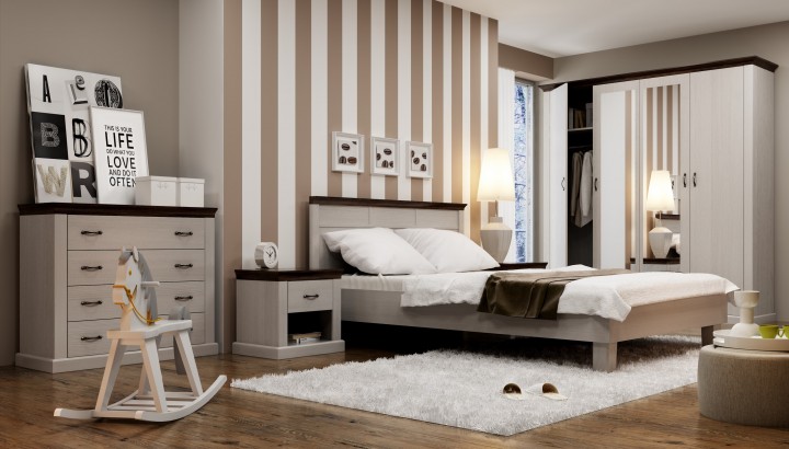 Moderní ložnice s tmavě hnědými lištami