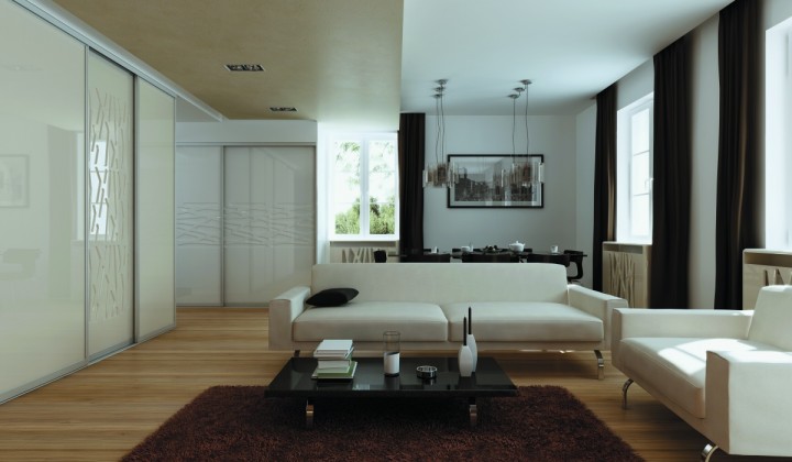Obývací pokoj s vestavěnou skříní v bílé barvě