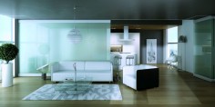 Obývací pokoj s bílým nábytkem a skleněnou stěnou