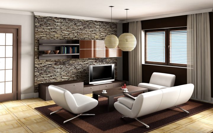 Luxusní obývací pokoj s kamennou stěnou