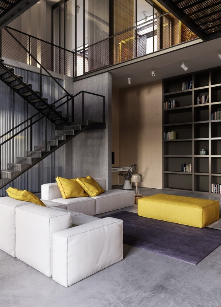 Industriální obývací pokoj propojený s minimalismem