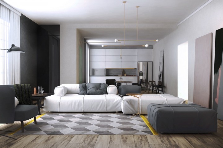 Šedo-bílá kombinace v obývacím pokoji